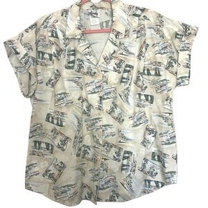 Tapestry Top Vintage Tropical Postcard‎ Large USA Button Down Short Sleeve